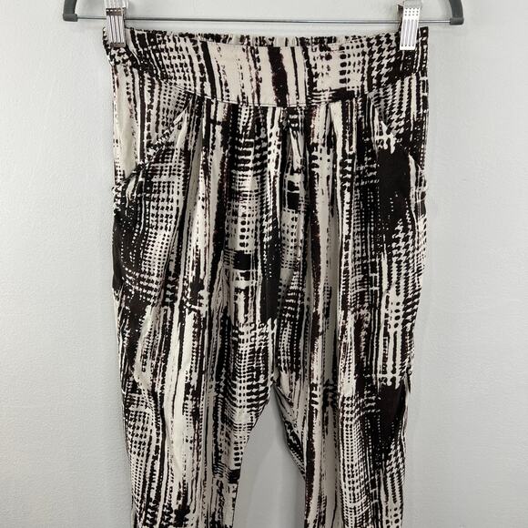 BLUSH Cream and Brown Printed Slouchy Cropped Pants Abstract Tapered Pockets S - Picture 2 of 6